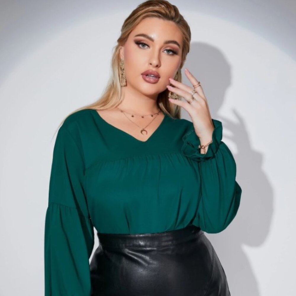 SHEIN Plus V Neck Flounce Sleeve Blouse